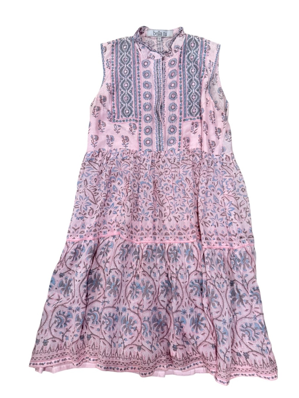 Bella Tu Pink Boho Sleeveless Tiered Midi Dress Embroidered Mirror Detail Size S
